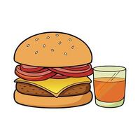 A delicious triple-meat hamburger with bacon and yellow cheese. accompanied by a glass of whiskey vector