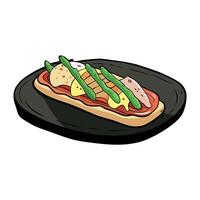 A pizza topped with asparagus and bacon on top of a piece of croissant bread on a black surface. vector