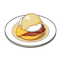 Delicious and savory eggs benedict with crispy bacon and creamy hollandaise sauce on a white plate vector