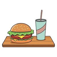 A bacon hamburger topped with lettuce and tomato. alongside a drink. displayed on a wooden table. vector