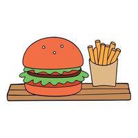 A burger with lettuce and tomato on top of a bun sits on a wooden table next to a pile of french fri vector