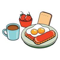 Breakfast with fried eggs. tomatoes. sausages and toast on plate and tea. Hearty and nutritious food vector