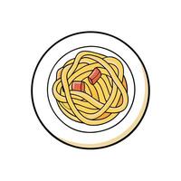 Fettuccine Carbonara in a plate. Pasta with carbonara sauce and bacon. White background. top view. vector