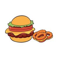 Indulgent cheeseburger with extra bacon and melted cheddar. topped with a side of crispy onion rings vector