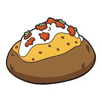 A loaded baked potato with sour cream. chives. bacon bits. and melted cheese. on a solid grey backgr vector