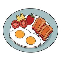 Delicious breakfast with crispy bacon. fried eggs. toast. tomatoes. and a croissant on a white plate vector