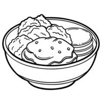 Homemade biscuits with sausage gravy and crumbled bacon served in a bowl on rustic wooden table vector