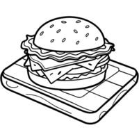 A large hamburger with bacon and cheese on top. The burger is sitting on a wooden cutting board vector
