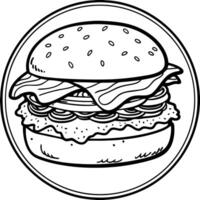 Close-up of a gourmet cheeseburger with bacon. lettuce. red onion. and sauce on a wooden table. vector
