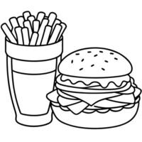 Bacon cheeseburger on toasted pretzel bun served with fries and beer shot with selective focus. vector