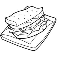 A sandwich with meat. lettuce. tomatoes. and cheese on a sheet of wax paper. placed on the table vector
