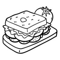 Delicious toasted sandwich with egg. tomatoes. cheese. and arugula on a rustic wooden board vector