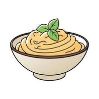 Close-up of a bowl of creamy pasta being tossed with sauce and garnished with basil leaves. vector