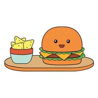 A hamburger with cheese and onions on a bun sits on a wooden table next to a plate of nachos vector