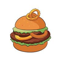 Dive into a mouthwatering BBQ burger with barbecue sauce and crispy onion rings. set on white. vector