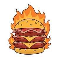 A perfectly stacked burger with melted cheese and crispy bacon. against a backdrop of flames vector