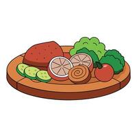 A wooden platter with a variety of meats and vegetables. including ham. salami. and broccoli vector