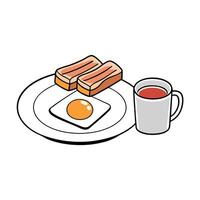 Breakfast with egg. bacon. toasts on the white plate and tea in the cup on the table. flat lay vector