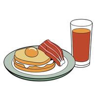 Breakfast or American breakfast with fried eggs. bacon. juice and pancakes on a white plate. vector