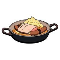German dish Smoked pork with sauerkraut and fried potatoes in a cast iron pan on a rustic table vector
