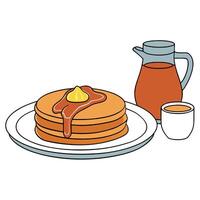 Buckwheat pancakes with a side of crispy bacon and a small jug of maple syrup on modern plate. vector