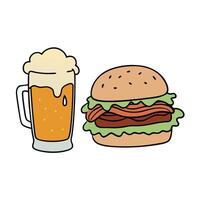 A watercolor scene of a bacon burger and beer pairing. with the burger showcasing layers of vector