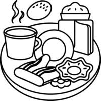 Breakfast with pan fried egg. sausage. bacon. salad serve with bread. hot coffee and soup. vector