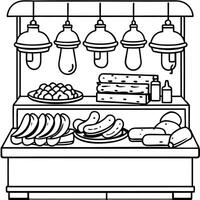 A variety of meats and sausages are on display at a deli counter. illuminated by warm lighting. vector