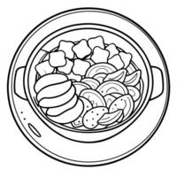 Dumplings potatoes and bacon in a bowl on a wooden table from top view with space for text vector