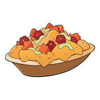 Irresistible and greasy loaded tater tot nachos topped with cheese. bacon. and jalapenos vector
