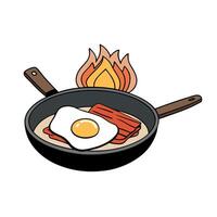 Cooking crispy bacon and fried eggs in a cast iron skillet over a campfire while camping vector