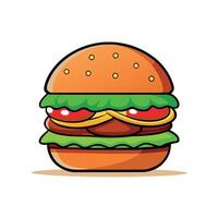 Beef burger with cheese. tomatoes. red onions. cucumber and lettuce on dark background. vector
