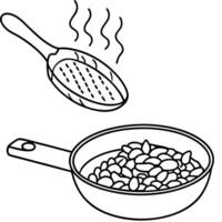 Baked beans and optional crumbled bacon being stirred into the beef mixture in the skillet vector