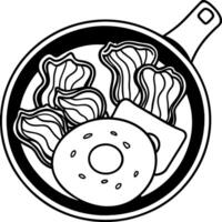 Fried Eggs with Bacon in Cast Iron Pan on Wooden Table. breakfast. eggs. bacon. cast iron vector