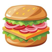 Fresh delicious sandwich with ham. cheese. bacon. tomatoes. lettuce. cucumbers and onions on dark wo vector