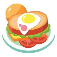 A bacon and egg sandwich with tomatoes and onions on top. The sandwich is served on a plate and is p vector