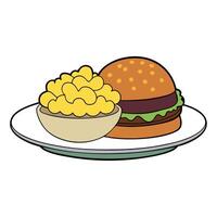 A macro shot of a platter containing two beef burgers and creamy macaroni cheese alongside vector
