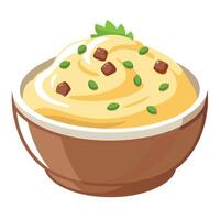 Close-up of a delicious bowl of creamy mashed potatoes topped with crispy bacon bits and freshly sli vector