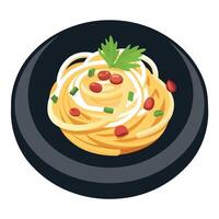 Close-up of creamy carbonara pasta with bacon. parmesan cheese. and parsley on a black plate and woo vector