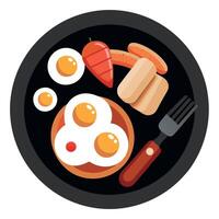English breakfast spread on dark pan with fried eggs sausages bacon beans toast on wooden table with vector