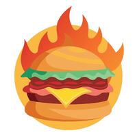 Flame-Grilled Bacon Cheeseburger with Vibrant Fresh Ingredients under Warm Glow of Fire - Close-Up F vector