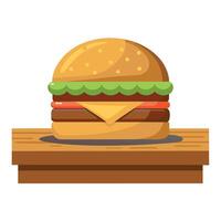 Burger at wooden tabletop with blurred bar at backdrop. One hamburger at wooden table. Fastfood bann vector