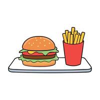 A burger with meat. lettuce. tomato. and sauce on a plate next to French fries on a table. vector