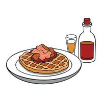 A white plate holds waffles topped with bacon and other toppings. beside a bottle of booze vector