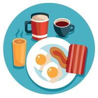 A delicious breakfast setup with fried eggs. crispy bacon. hash browns. and a cup of hot coffee at a vector
