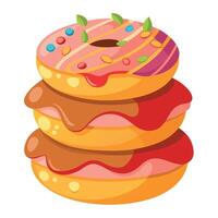 Indulge in a stack of glazed doughnuts decorated with colorful candies. crispy bacon. and a drizzle vector