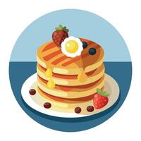 Delicious stack of fluffy pancakes topped with syrup. surrounded by fresh berries. eggs. and crispy vector