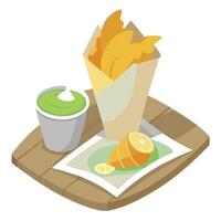 Fish and chips wrapped in faux newspaper. set against a wooden table with a side of tartar sauce and vector
