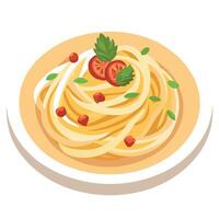 Creamy spaghetti carbonara topped with crispy bacon bits and sprinkled with fresh parsley. a classic vector