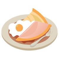 Crepe with ham and poached eggs on a white ceramic plate. Elegant breakfast idea. Horizontal. close- vector